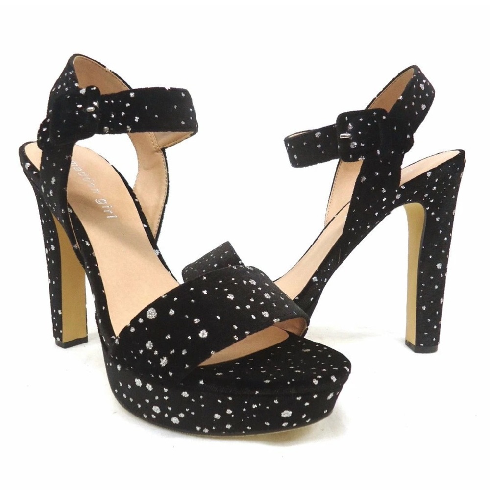 Madden Girl Rolloo Black and Silver Speckled Heels